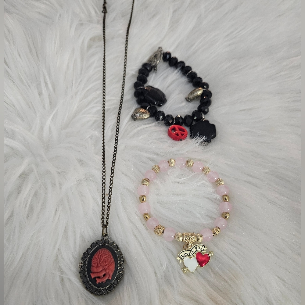 Vintage Style Cameo Watch Necklace and Beaded Bracelets Set